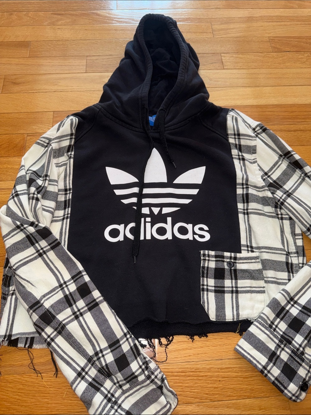 adidas Black Hoodie with White Plaid Sleeve Details